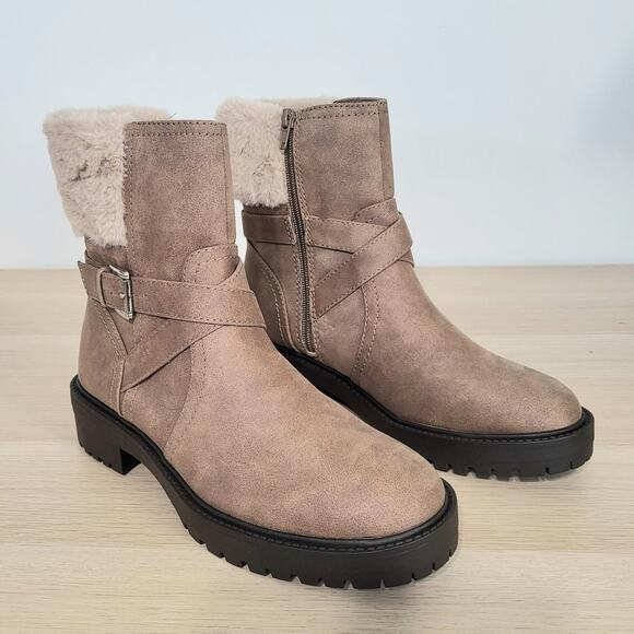 DV By Dolce Vita Oaklyn Faux Leather Boots Brown Fur Round Toe Zip Buckle 8.5 - Picture 1 of 9